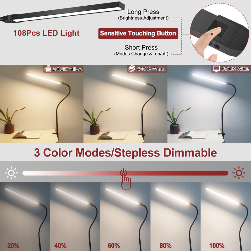 NEWACALOX LED Desk Lamp with Clamp 360° Adjustable Gooseneck 12W Eye-Caring Tabl Light 3 Color Modes 10 Brightness Levels Memory