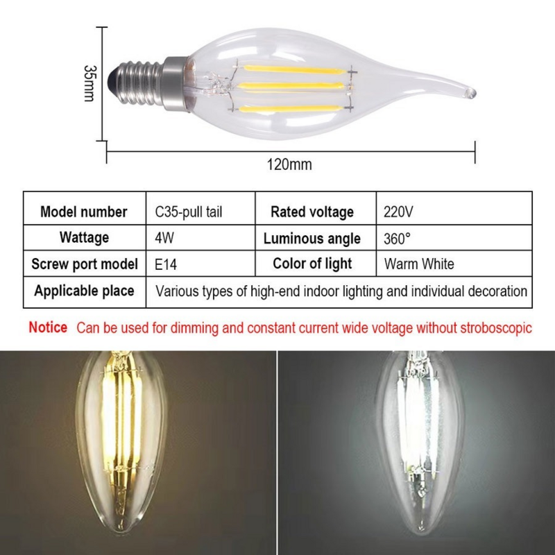 LED 전구 E14 2W/4W/6W 디밍 가능 에디슨 레트로 필라멘트 캔들 라이트, AC220V C35 따뜻한/차가운 흰색 360 도 에너지 절약, 9 개