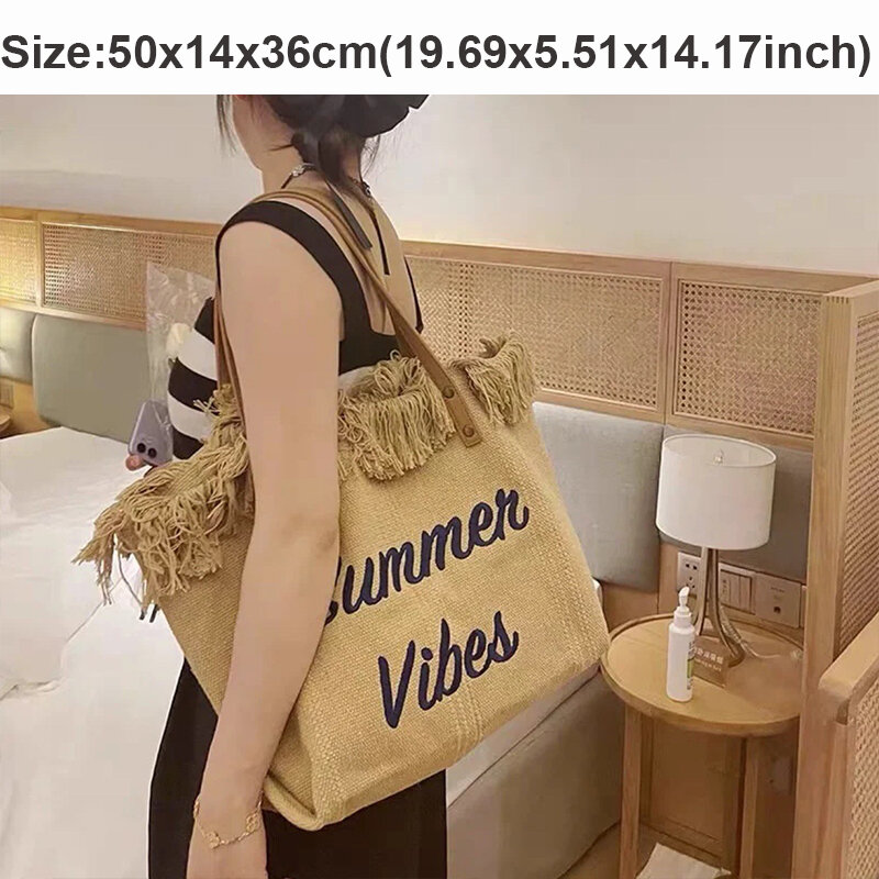 กระเป๋าชายหาดผู้หญิงกระเป๋าใบใหญ่ tas Jinjing Travel กระเป๋าพู่แบบเรียบง่ายกระเป๋าแฟชั่นสำหรับผู้หญ...