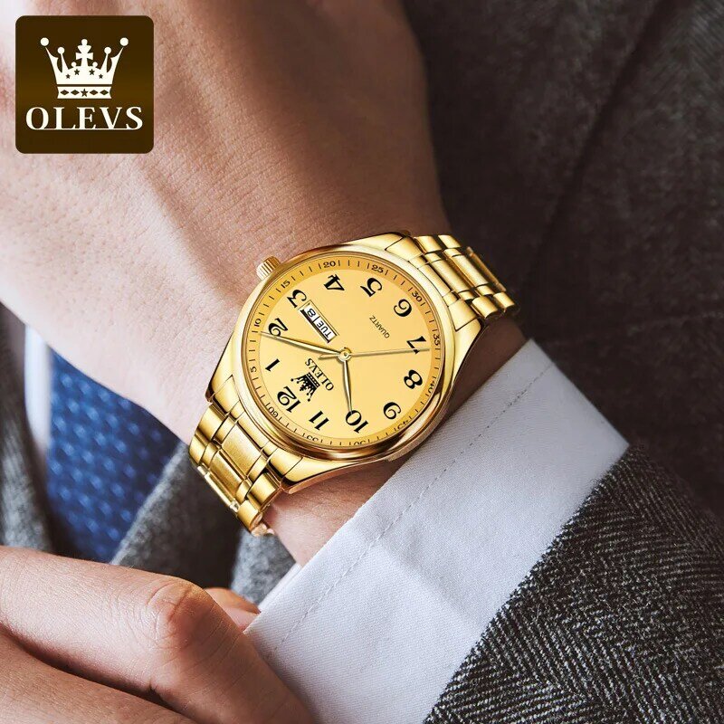 OLEVS Alloy Strap Casual Watch for Men Trendy Luxury Quartz Waterproof Men Wristwatches Calendar Week Display