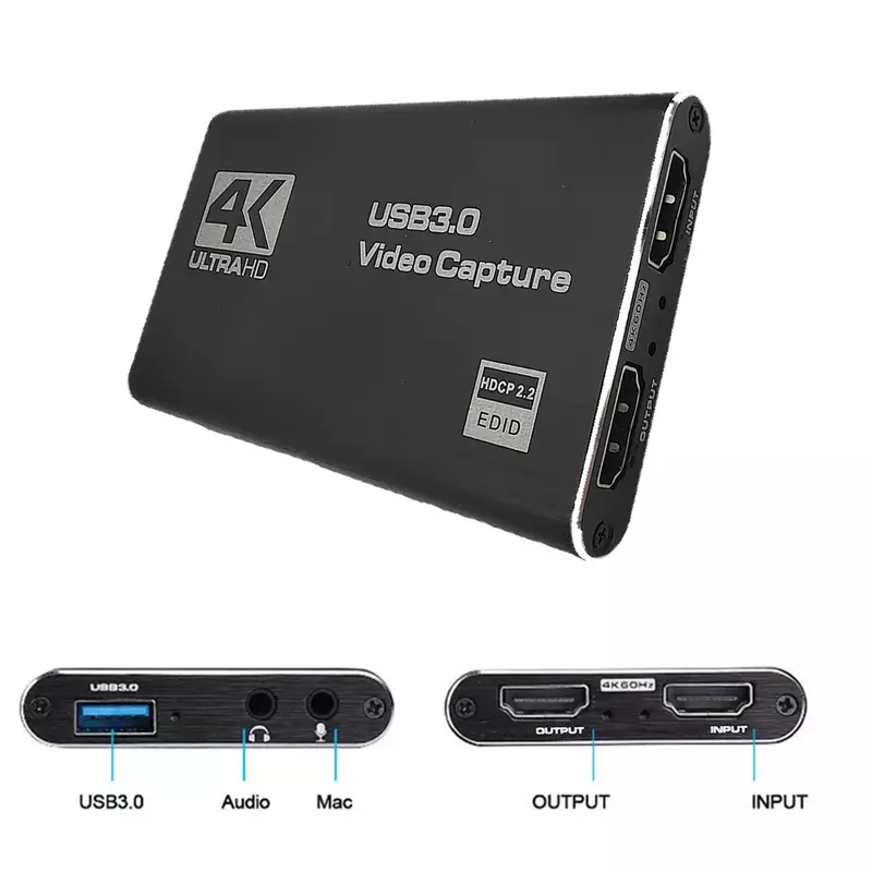USB 4K 60Hz HDMI 호환 비디오 캡처 카드 1080P 게임 레코딩 플레이트 라이브 스트리밍 박스, PS4 카메라 용 USB 3.0 그래버