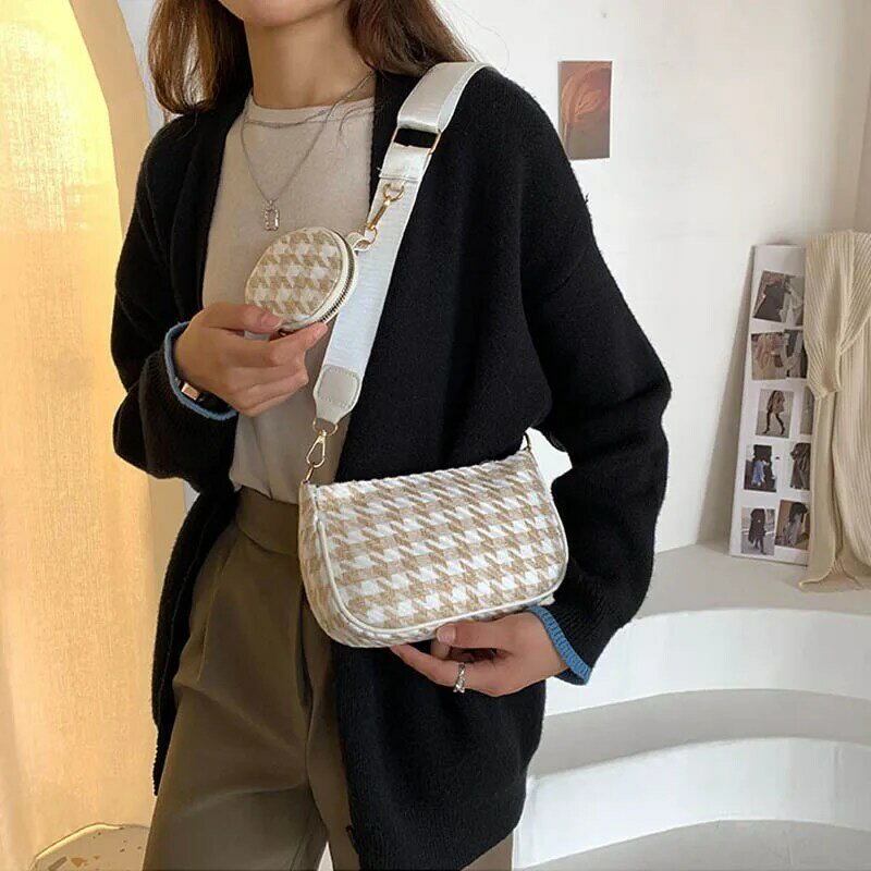 Conjunto de bolso de hombro informal para mujer, Mini bolso redondo con estampado de cuadros, cruzado, de diseñador, 2022