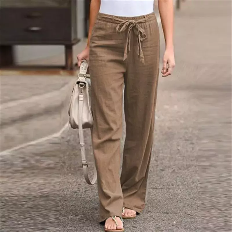 2021 Women's Pants Casual Solid Color Cotton Linen Long Straight Pants Harajuku High Waist with Belt Wide Leg Pants Trousers
