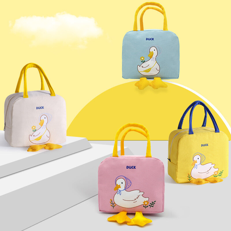 Cute Little Yellow Duck Lunch Bag Portable Insulated Canvas Cooler Bag Cartoon Pattern Thermal Food Picnic Lunch Bag for Women
