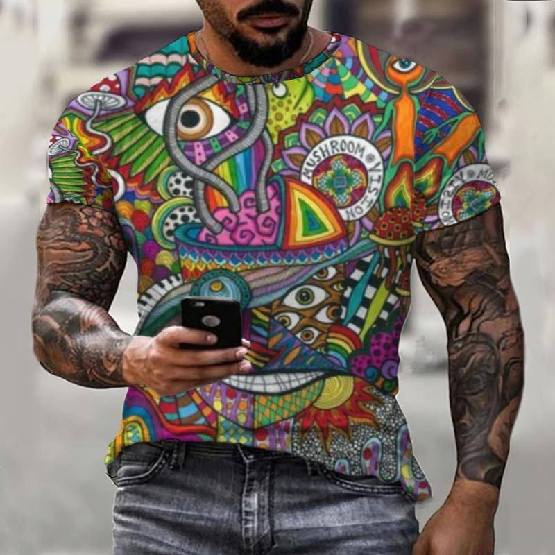 3D Men's Summer New Graffiti Men's T-Shirt Three-dimensional Casual Top 0 Neck Print Abstract Fashion Street Short Sleeve Men