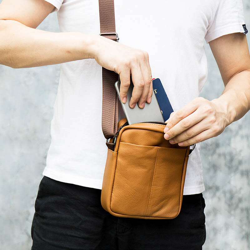 Bolso cruzado de hombro para hombre, bolsa de oficina de cuero de Color sólido con cremallera para teléfono, bandolera pequeña