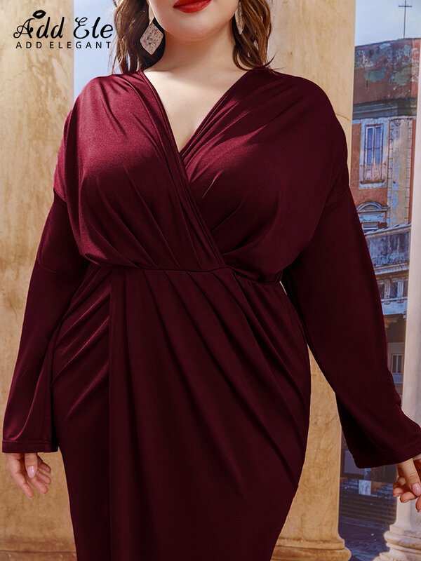 Fügen Elegante Plus Größe Bleistift Bodycon Kleid Frauen 2022 Herbst Sanfte Plissee Design V-ausschnitt Stilvolle Lange Hülse Kleidung B958