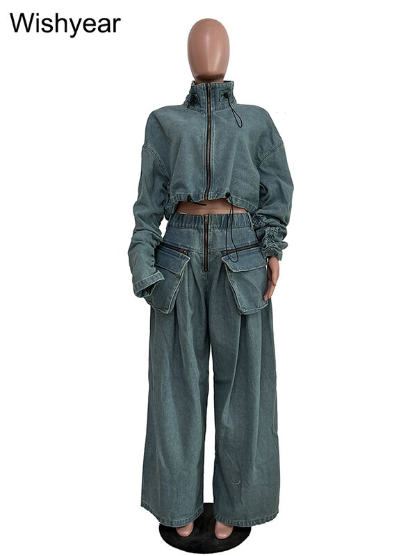 Джинсовая куртка с воротником-стойкой и длинным рукавом, укороченный топ и широкие брюки-карго с карманами, комплект из двух предметов, Женский уличный свободный джинсовый костюм