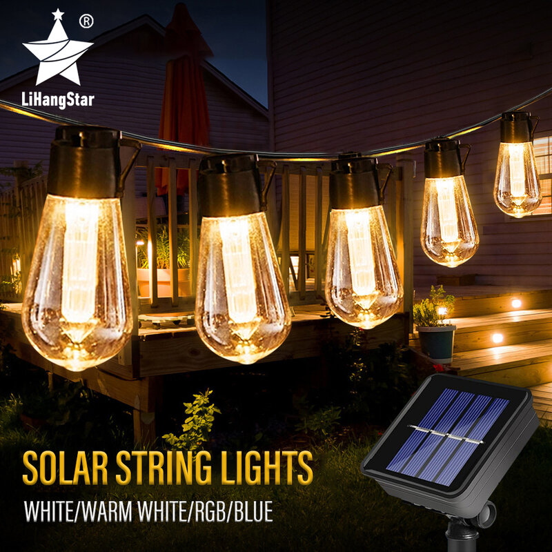 Impermeável LED Solar String Lights, bulbo ao ar livre da decoração do Natal, guirlanda retro do feriado, mobília do jardim, lâmpada de fada, IP65