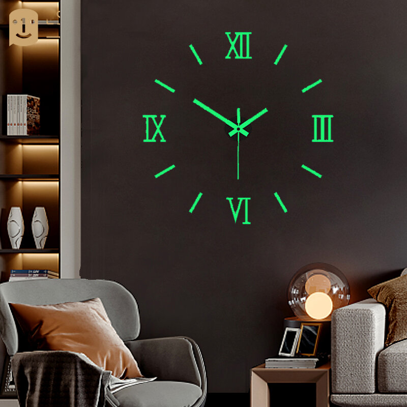 Horloge murale lumineuse sans cadre à 3 chiffres romains, autocollant mural à horloge numérique silencieuse, autocollant de décoration murale pour salon et bureau