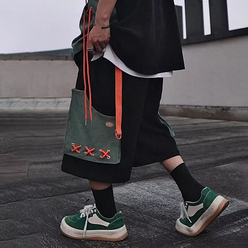 Celana Pendek Lebar Hip-Hop Jalanan Pria Jepang Baru 2023 Celana Lurus Longgar Trendi Celana Potong Desain Etnik Trendi