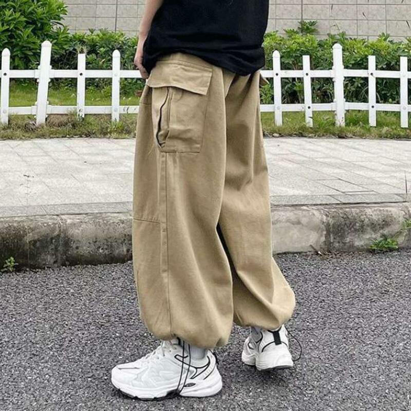 Calças de carga masculina casual cor sólida calças retas largas perna tornozelo comprimento calças de cintura elástica pantalones hombre