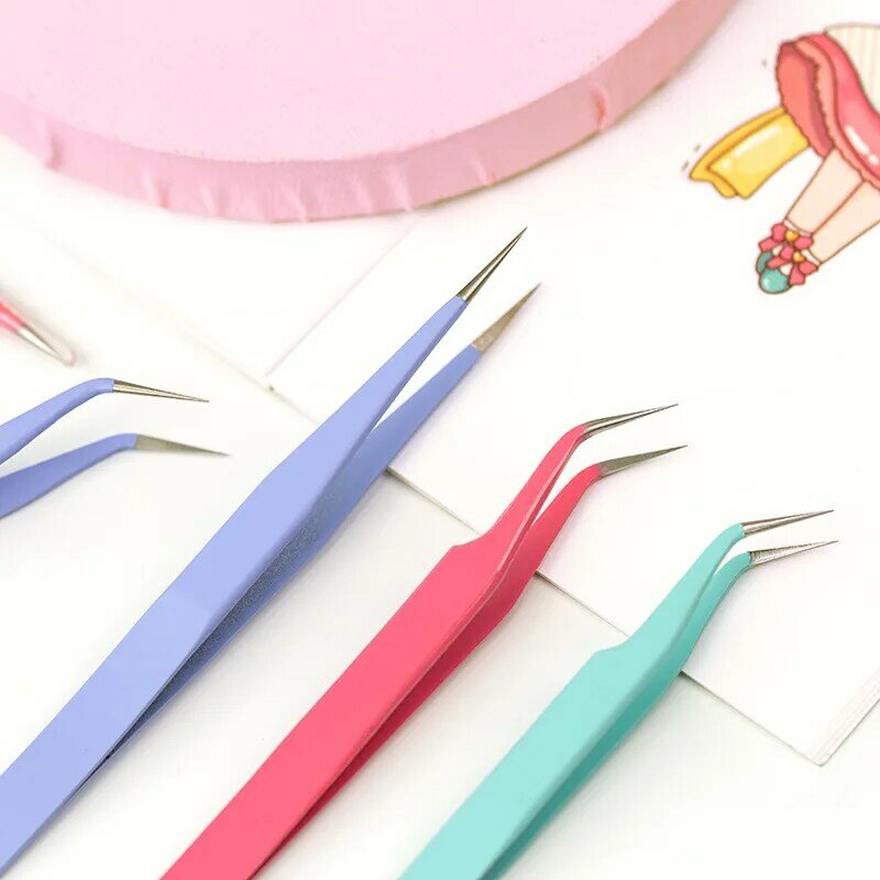 Precisão antiestático macaron colorido pinças de metal apontado cotovelo ferramenta manual adesivo fita clip arte kits de ferramentas de escola suprimentos