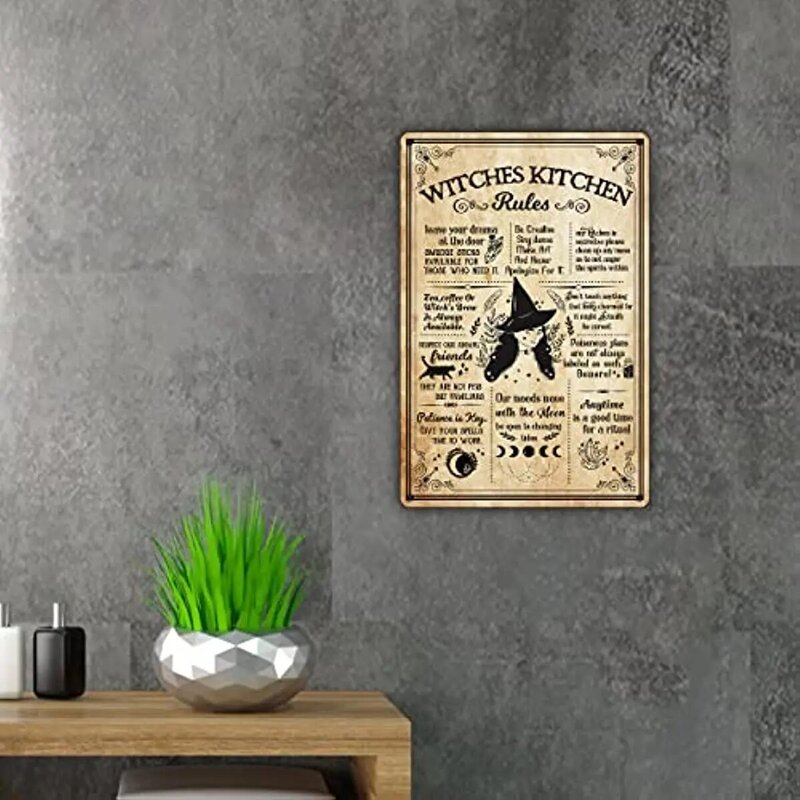 Vintage Witches Kitchen Rules Quote Metal Tin Sign decoración de pared, Retro Witchy Kitchen Sign para regalos de decoración del hogar 8x12 pulgadas