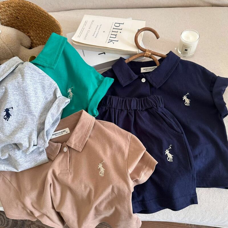 Conjunto de ropa para niños y niñas, camiseta de manga corta bordada, pantalones cortos, conjunto de dos piezas, ropa coreana para bebés, novedad de verano