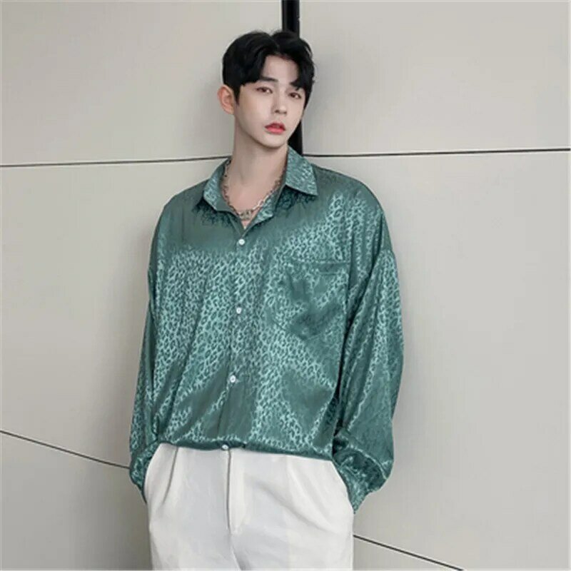 Coreano streetwear camisa de manga longa masculina designer original de seda cetim jacquard camisa masculina impressão oversize solto blusa masculina 2022