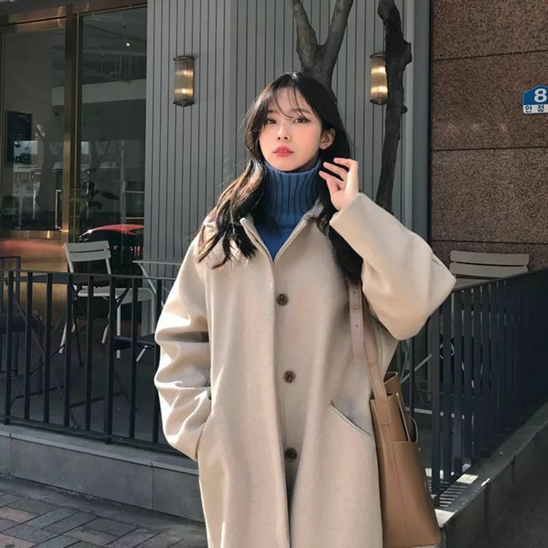 Koreanische Herbst und Winter Mode Woll mantel 2022 Frauen Retro Hepburn Stil Einreiher lose Passform Medium langer Woll mantel