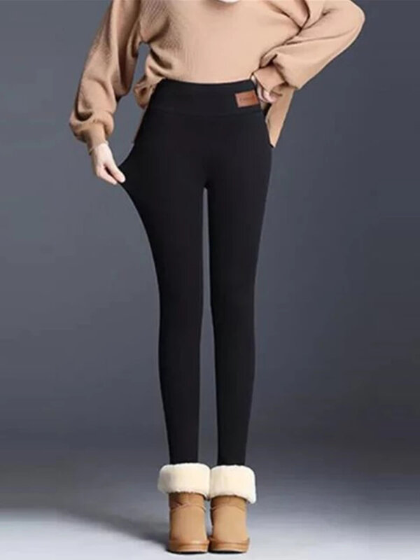 Leggings de veludo de cintura alta feminina, calça quente, monocromática, confortável, elástica, manter quente, inverno