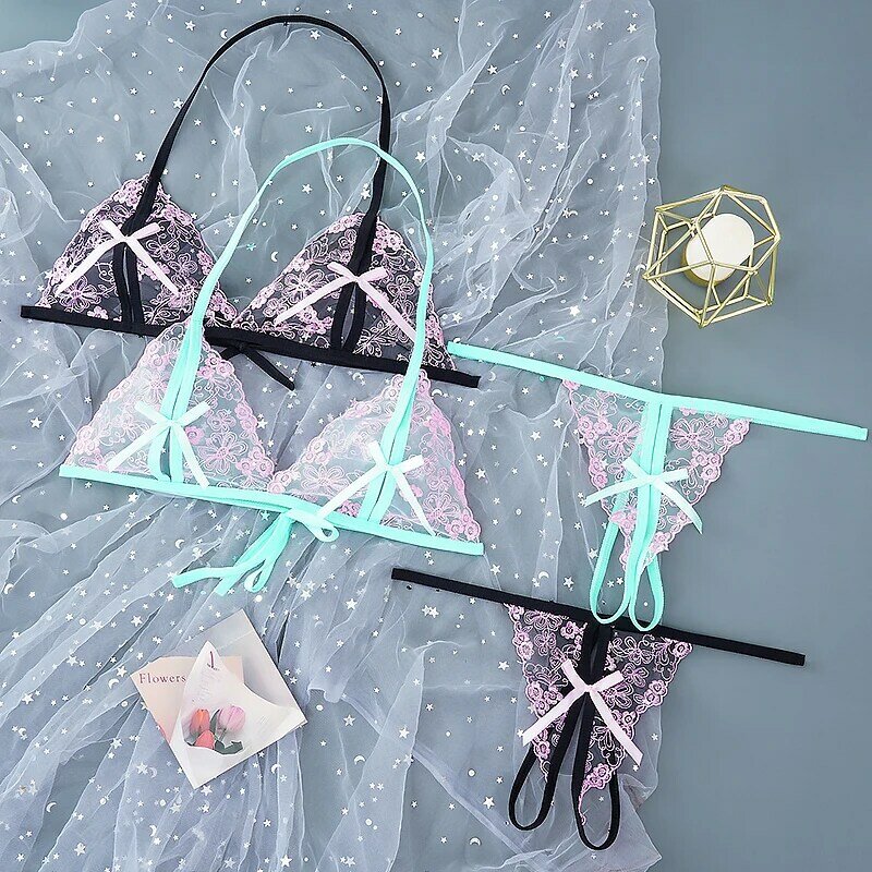 Women Lingerie Sexy Lace Set Open Crotch Thong Halter Bow Bra Transparent Hollow Out Underwear Exotic Printed Intimate Sets