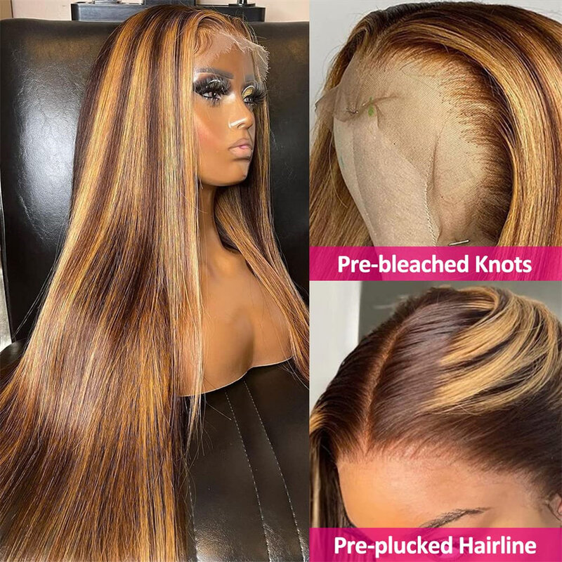 Perruque Lace Closure Wig naturelle ombrée, cheveux lisses, 13x4, 4 age, 13x6, HD, naissance des cheveux pre-plucked, balayage, 4/27