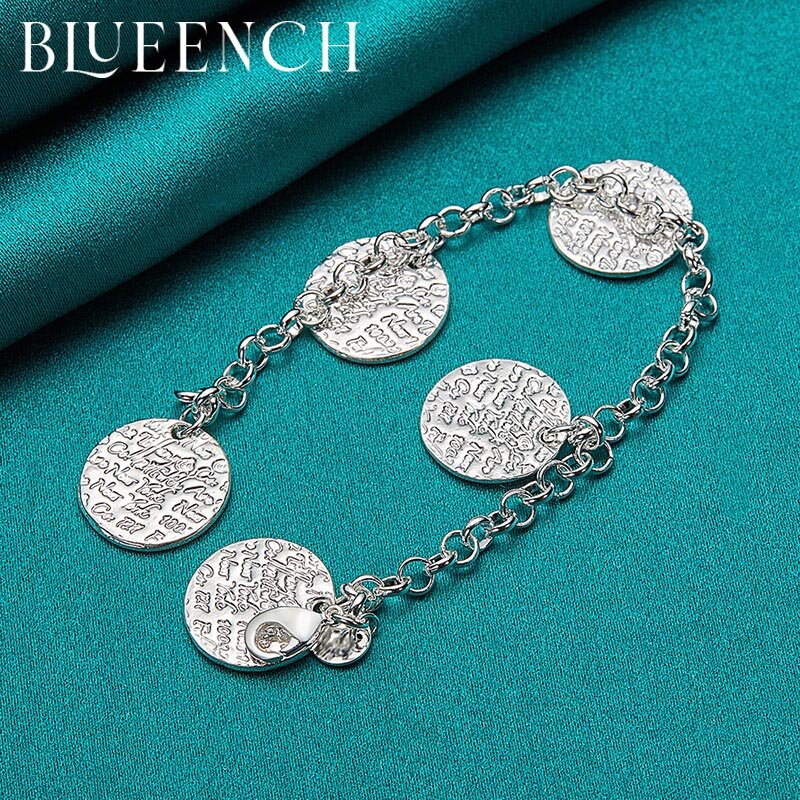 Blueench 925 prata esterlina lettering redondo pingente pulseira para mulheres noivado casamento moda glamour jóias