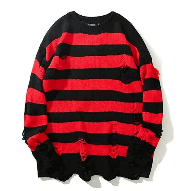 Couple's ripped sweater men's Korean version trendy brand knitted round neck striped outer wear men's men's sweater