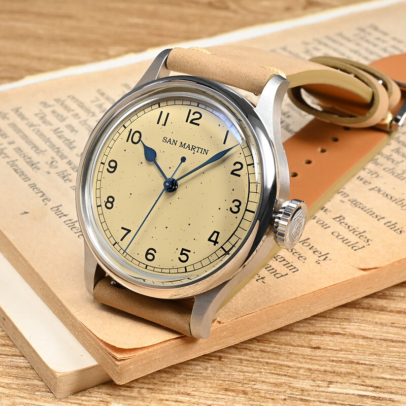 San Martin jam tangan mekanis pria, arloji Pilot Vintage NH35 sederhana gaya Militer bintik-bintik Dial 2022