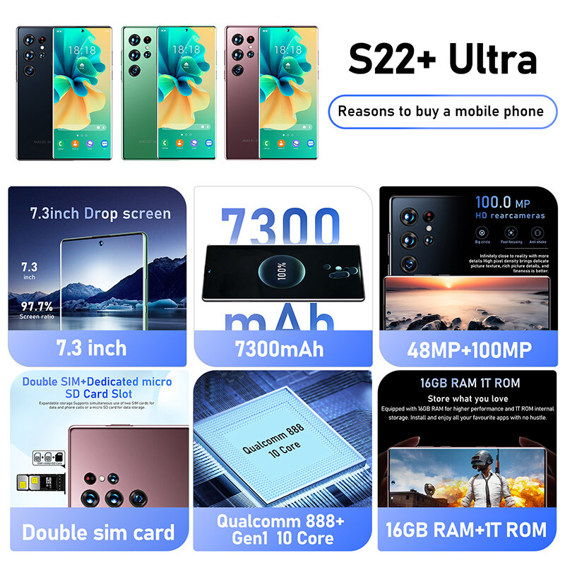 Смартфон глобальная версия S22 + Ultra 7.3 дюйма, 16 ГБ + 1 ТБ, 48 + 100 Мп, 10 ядер, 7300 мА · ч, две SIM-карты, двойной режим ожидания