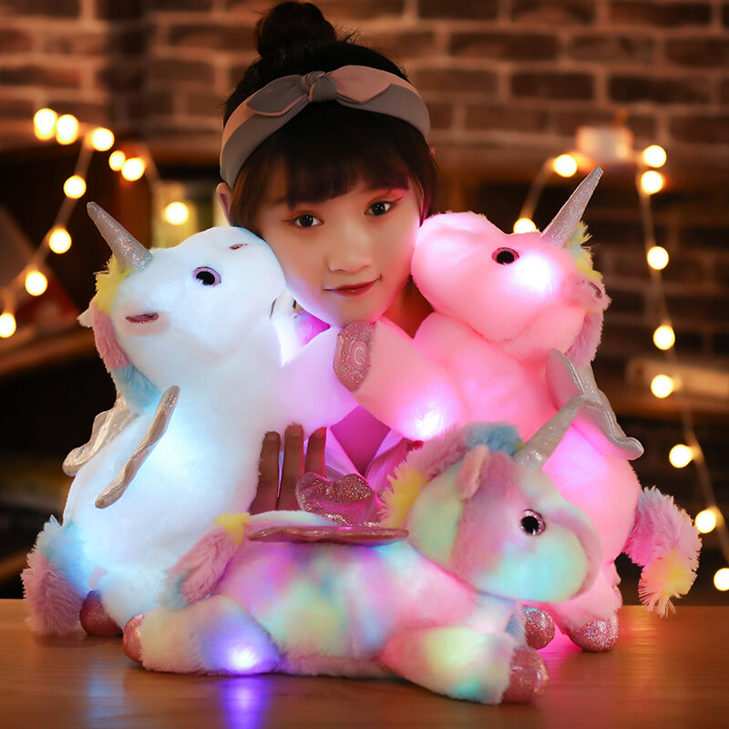 Kawaii LED متوهجة ملونة يونيكورن ألعاب من القطيفة متوهجة الحيوانات المحشوة Unicornio لعبة الحصان لطيف تضيء دمية الفتيات هدايا عيد الميلاد