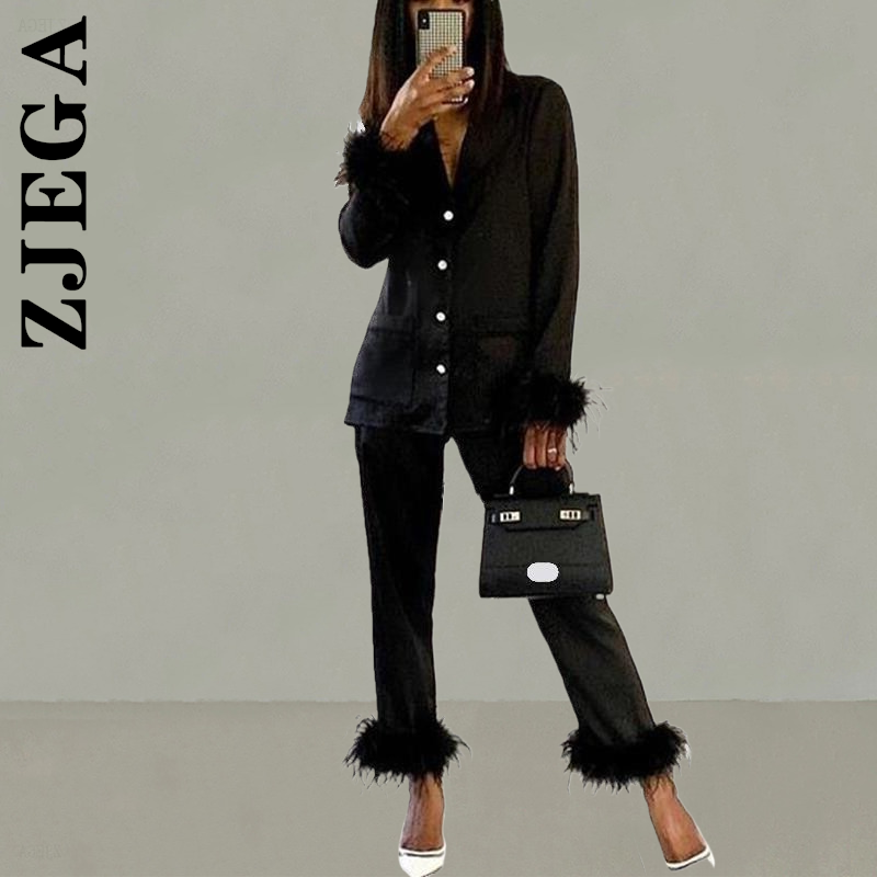 Zjega ชุดนอนสตรีแฟชั่นแขนยาวปุ่ม Homewear และ Celana Slim ชุดง่าย Loungewear ชุดสูทเสื้อผ้าหญิง