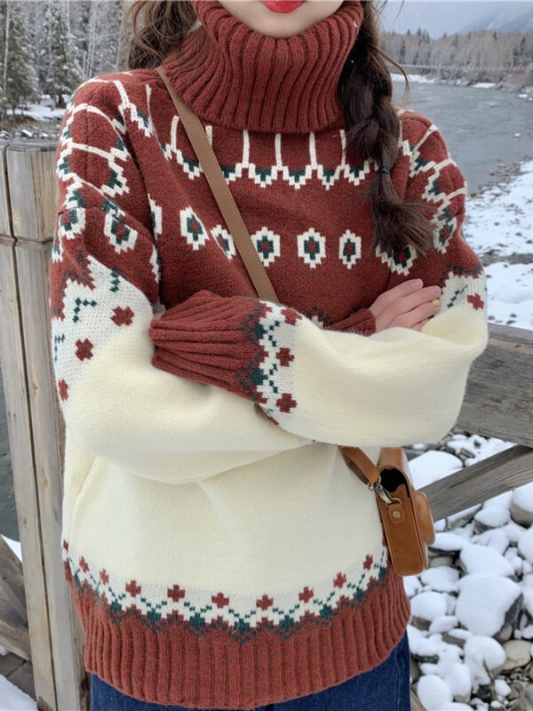 2022 donne moda coreana autunno inverno semplice nuovo maglione dolcevita stampa allentata manica lunga maglione lavorato a maglia Pullover top