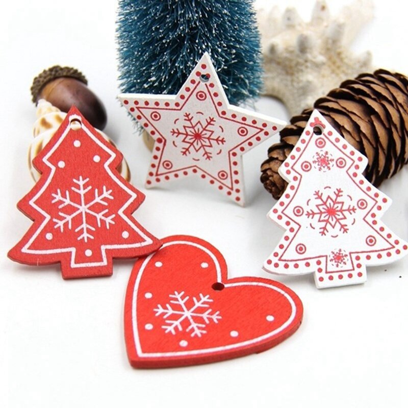 16PCS Mixed DIY White&Red Tree/Heart/Star Wooden Ornaments For Christmas Party Xmas Tree Ornaments Kids Decorations Gifts