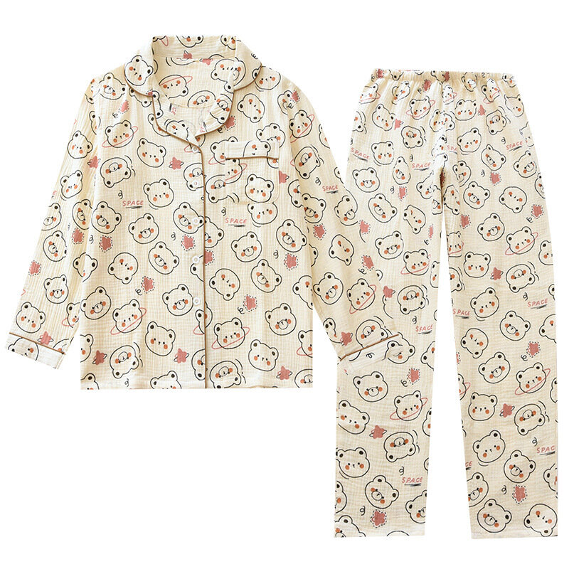 Пижама женская из крепа, комплект из двух предметов, мягкая хлопковая двухслойная тонкая спальная одежда на все сезоны, ночное белье для мам