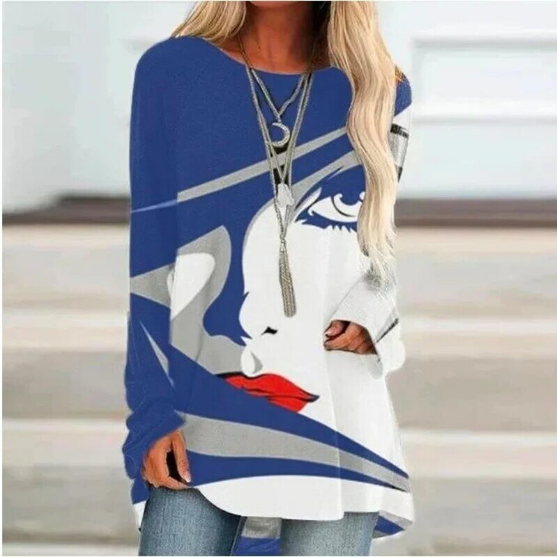 Wit-Zwart Abstract Vintage Shirts Tops Vrouwen Losse Crew Neck Cotton Casual Shirts Tops Lange Mouw Onregelmatige T-shirt Print bl