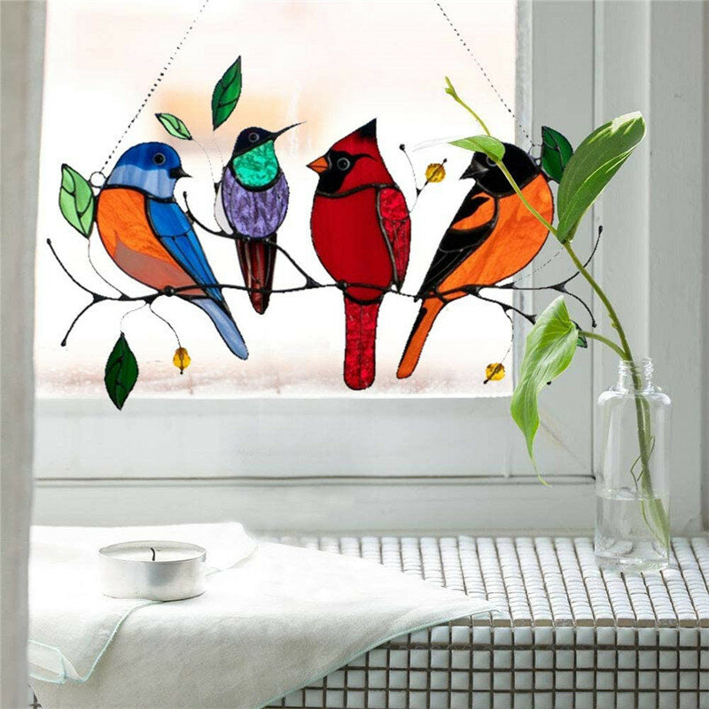 7/4 Birds Stained Acrylic Colored Window Hangings Window Panel Ornaments for Tree Clip Sculptures Bird Decor Door Crafts