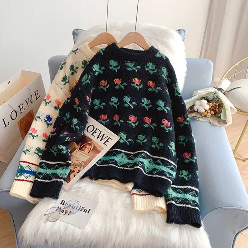 SONG YI-suéter de Jacquard con flores para mujer, Jersey holgado de cuello redondo, Vintage, otoño e invierno, A0266, novedad de 2022