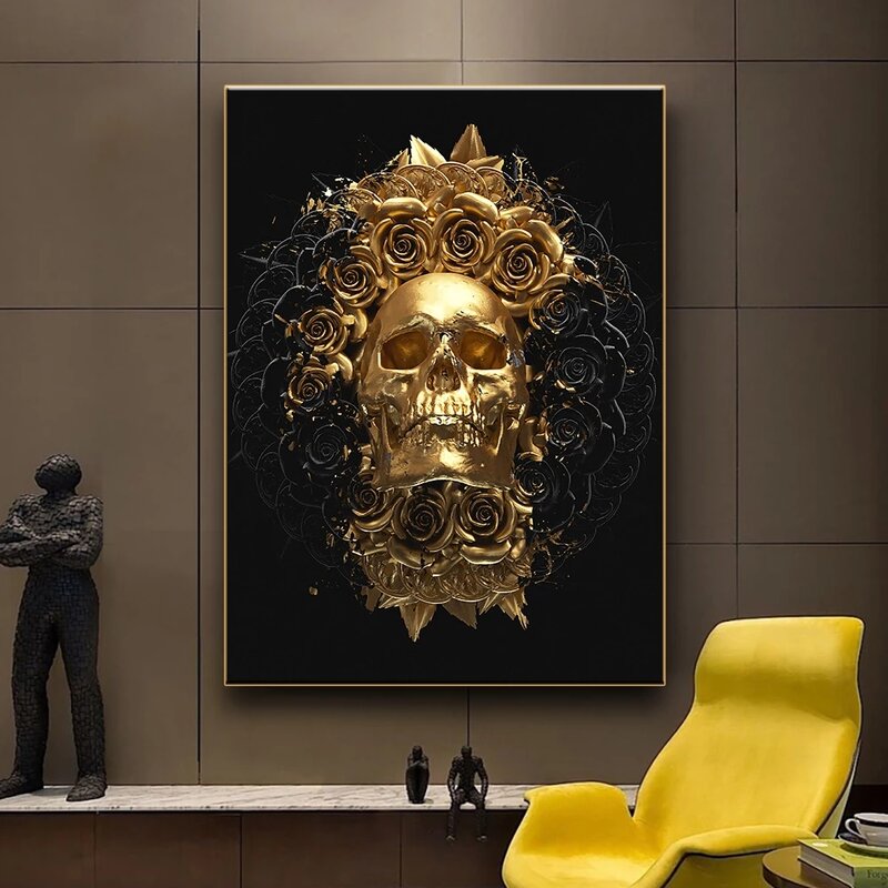 Gold and Black Mandala Skull Pattern Dark Art Poster Printed on Canvas Modern Wall Art Print Home Decoration Painting Picture