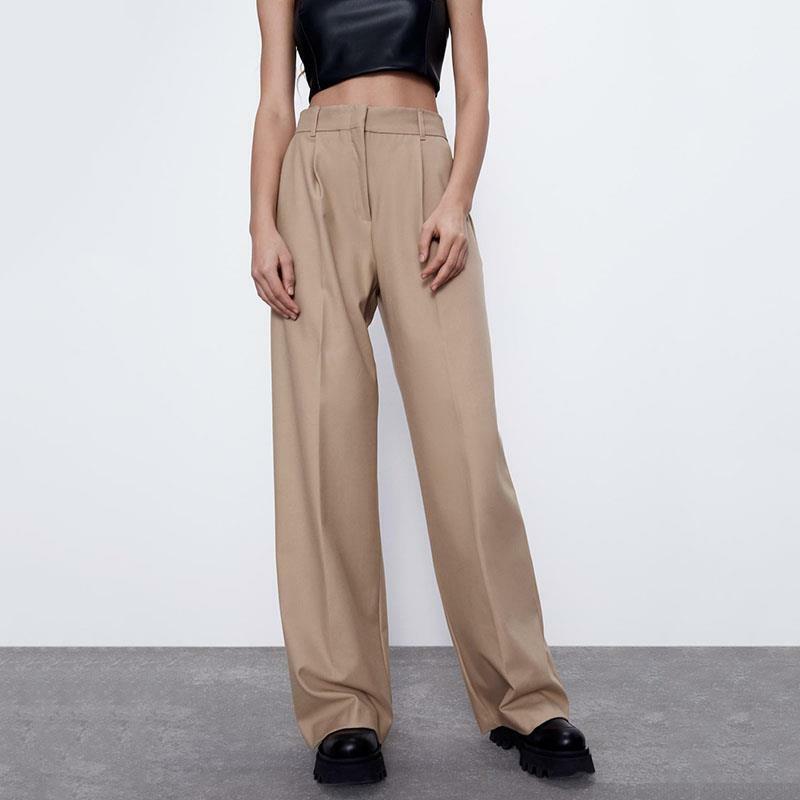 PB&ZA Spring Autumn Women Fashion Vintage Solid High Waist Pants Casual Zipper Pockets Loose Straight Trousers Female
