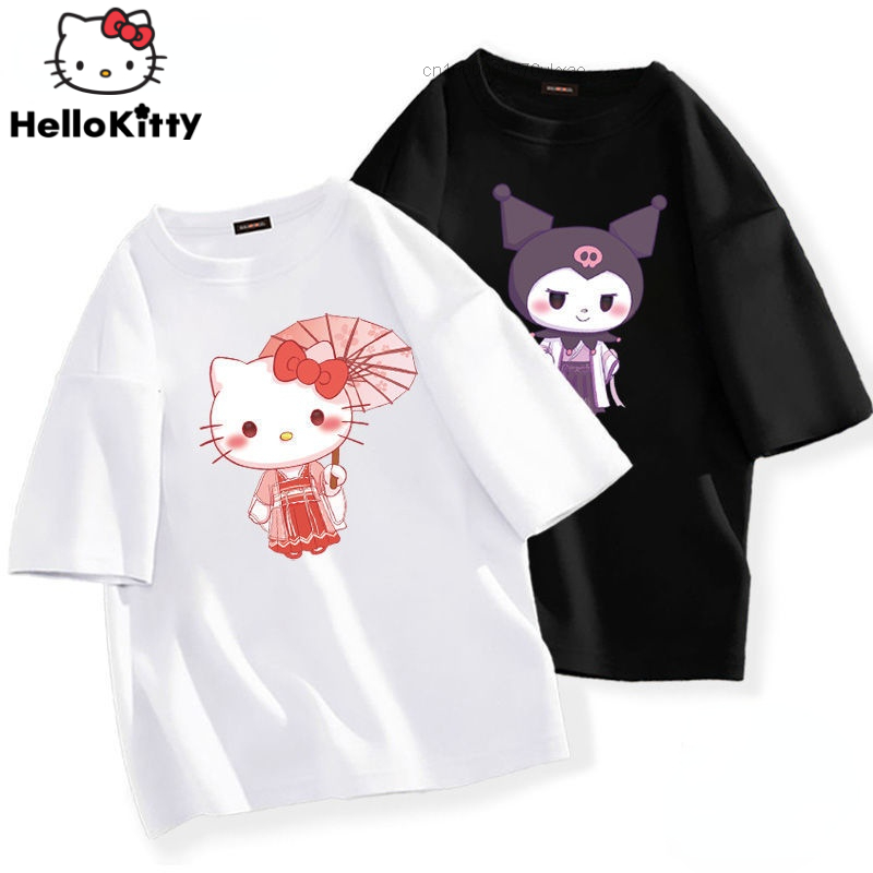 2 pçs sanrio olá kitty kuromi melody padrão de manga curta camiseta menino menina crianças solto bonito dos desenhos animados casual alta qualidade superior