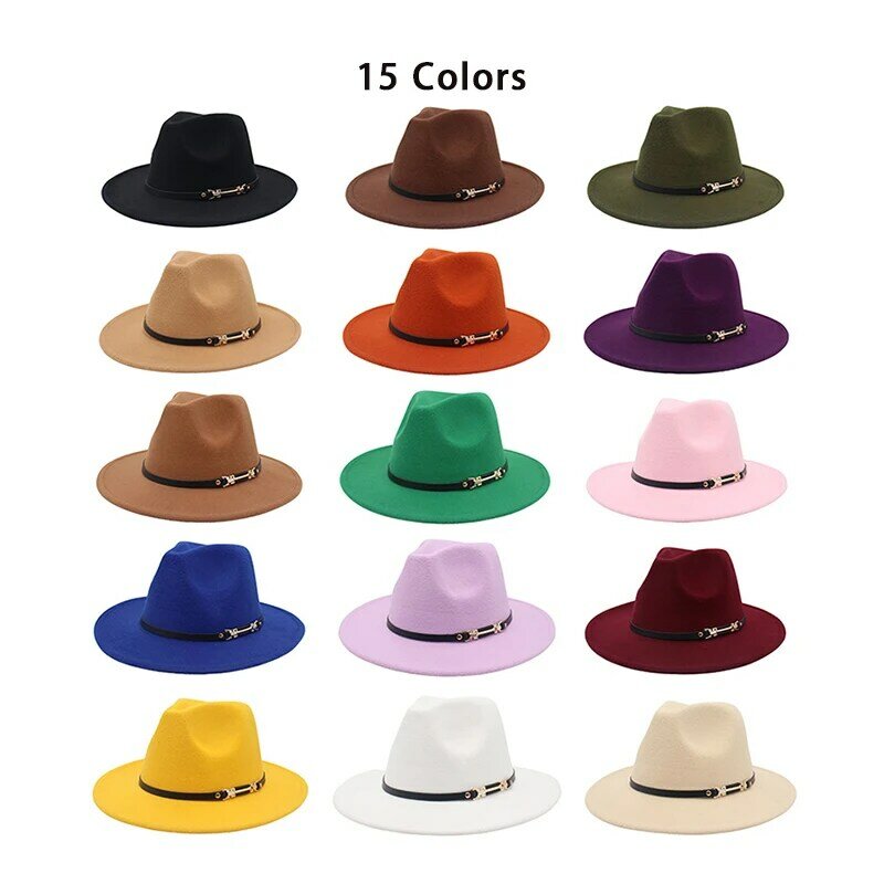 สีดำ/สีขาวกว้าง Brim ง่าย Derby หมวกปานามา Solid Felt หมวกหมวก Fedoras หมวกสำหรับผู้ชายผู้หญิงขนสัตว์ประดิษฐ์...