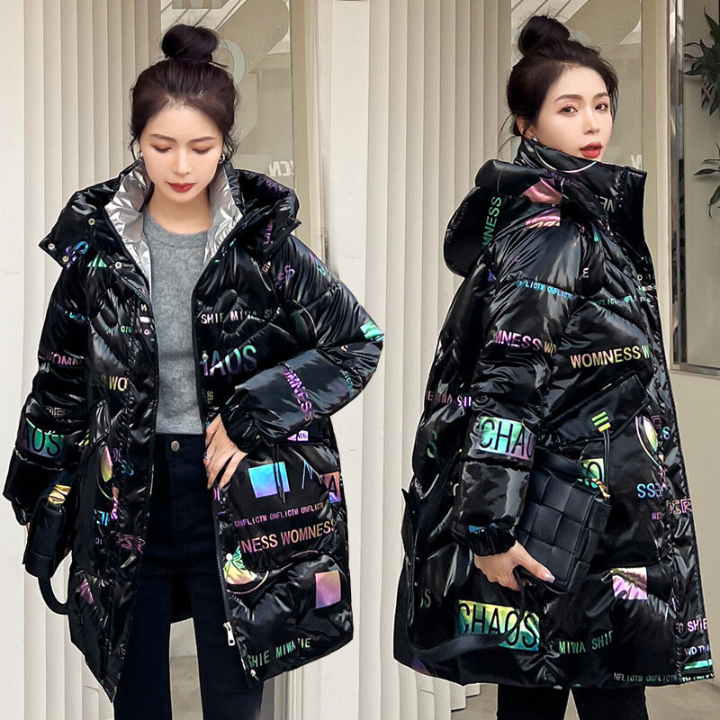 여성용 겨울 재킷, 2022 인기있는 두꺼운 패션, 골드 포켓 레터 인쇄, 지퍼 광택 파카, 블랙 레드 코트, 우아한 여성