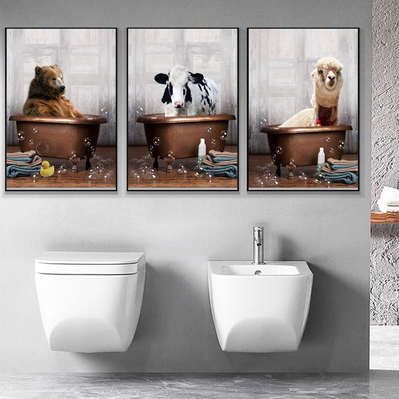 ภาพวาดผ้าใบสัตว์ในห้องน้ำน่ารัก Alpaca ช้างยีราฟ Cow ห้องน้ำ Wall Art โปสเตอร์ตกแต่งบ้านภาพจิตรกรรมฝา...