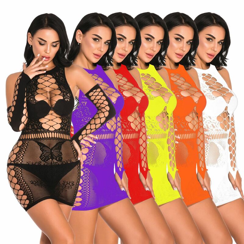 Sheer Dress Women Erotic Lingerie Porno Butterfly Buttocks Sexy Dresses Middle Sleeve Gloves Suit European Clothing Abdl