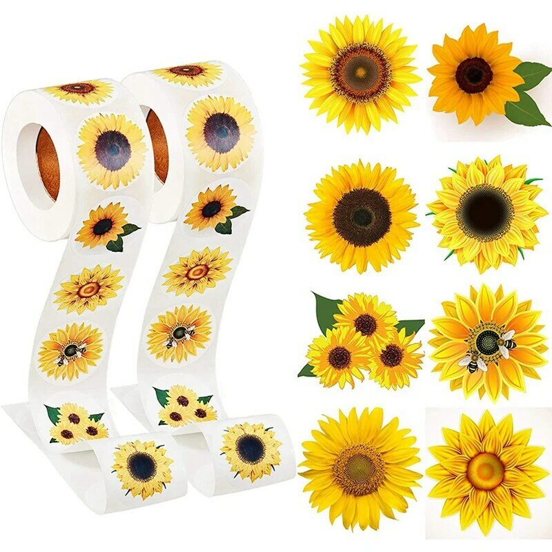 Stiker Bunga Matahari, 1000 Buah 1.5 Inci Label Bunga Matahari dengan 8 Pola Bunga Matahari untuk Dekorasi Pesta Ucapan Syukur Natal