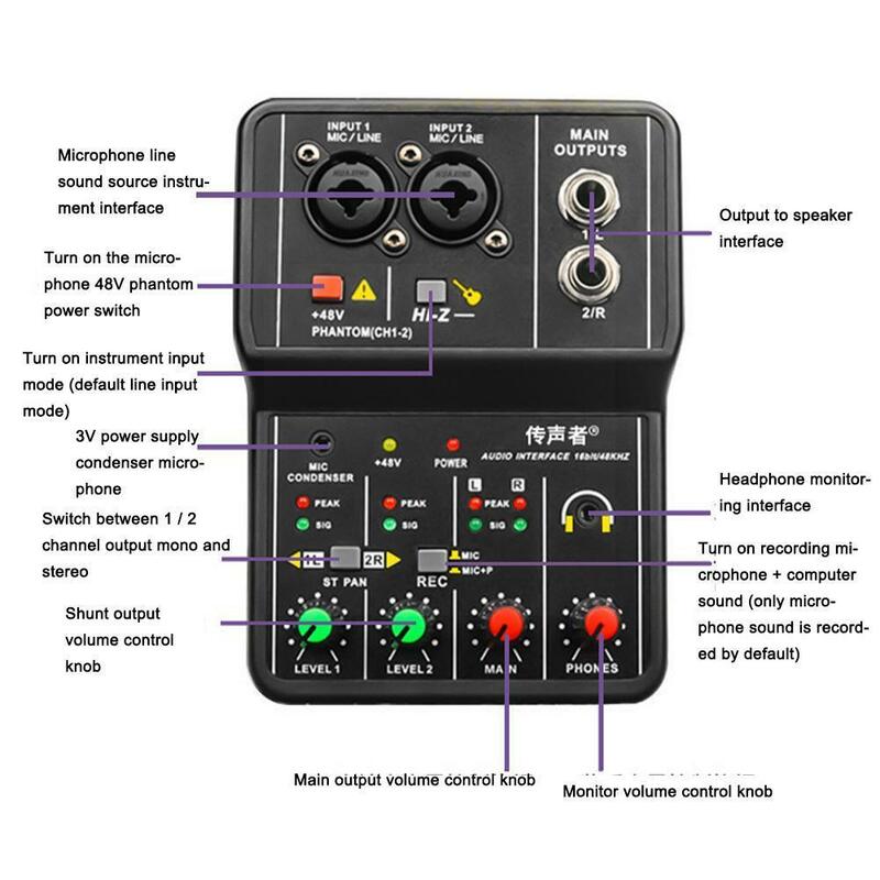 Tarjeta de sonido Q-12, mezclador de Audio, tablero de sonido, consola de escritorio, interfaz de 2 vías, 16 bits/48khz, mezclador de potencia de tarjeta estéreo I9a4