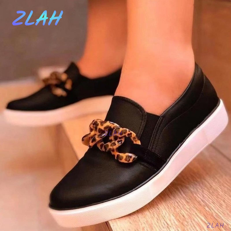 Novo estilo feminino tamanho grande sapatos de metal decoração calçados esportivos femininos zlah casual preto sapatos femininos mocassins mid-heel sapatos planos
