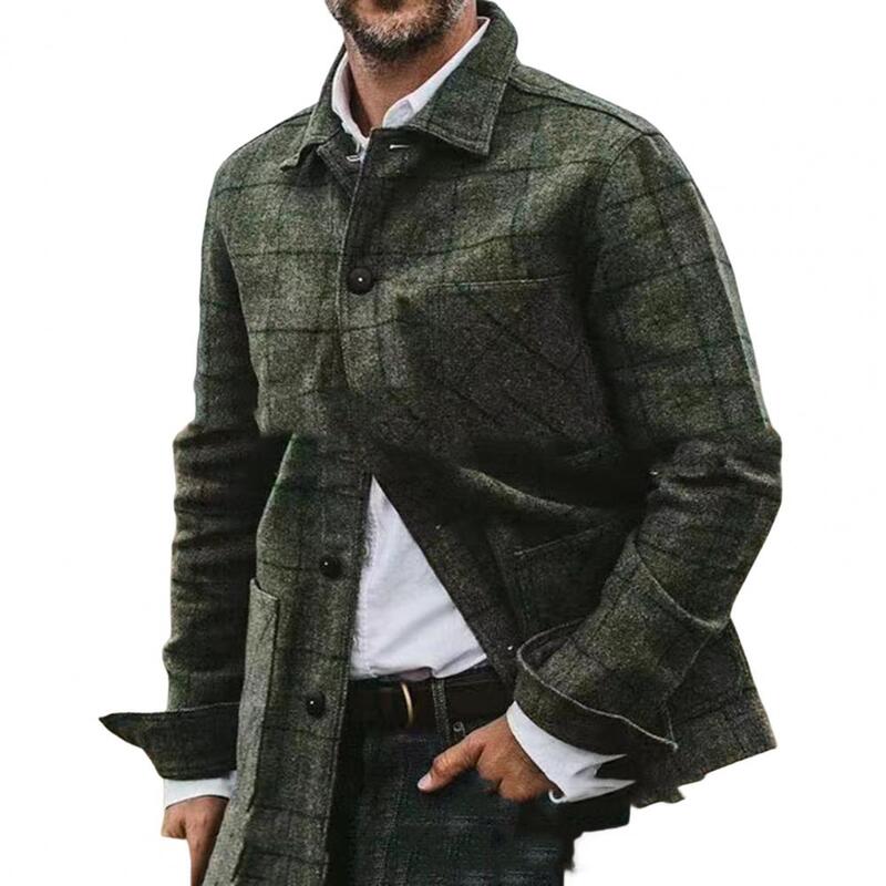 Men Outerwear  Turndown Collar   Men Woolen Jacket Checkered Buttons Jacket