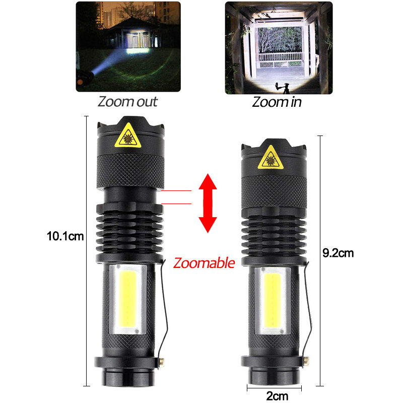 SK68 COB-minilinterna LED recargable Q5, portátil, resistente al agua, con Zoom, batería integrada in14500