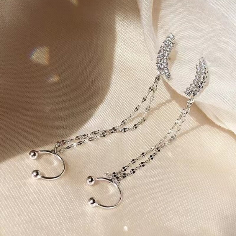 Женские серьги с длинной кисточкой ANENJERY, изогнутые серьги-клипсы серебристого цвета с кубическим цирконием, Геометрические манжеты для ушей, 1 пара