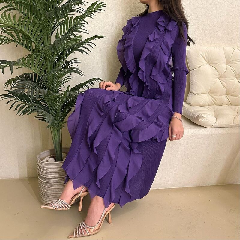 2023 Purple O-neck Full Sleeve Ankle Length Prom Dress Satin Checks Saudi Arabia Pleated Evening Party فساتين للحفلات الراقصة
